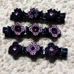 Multi-Toned Pink Rhinestone Floral Black Hair Clip, Set of 3